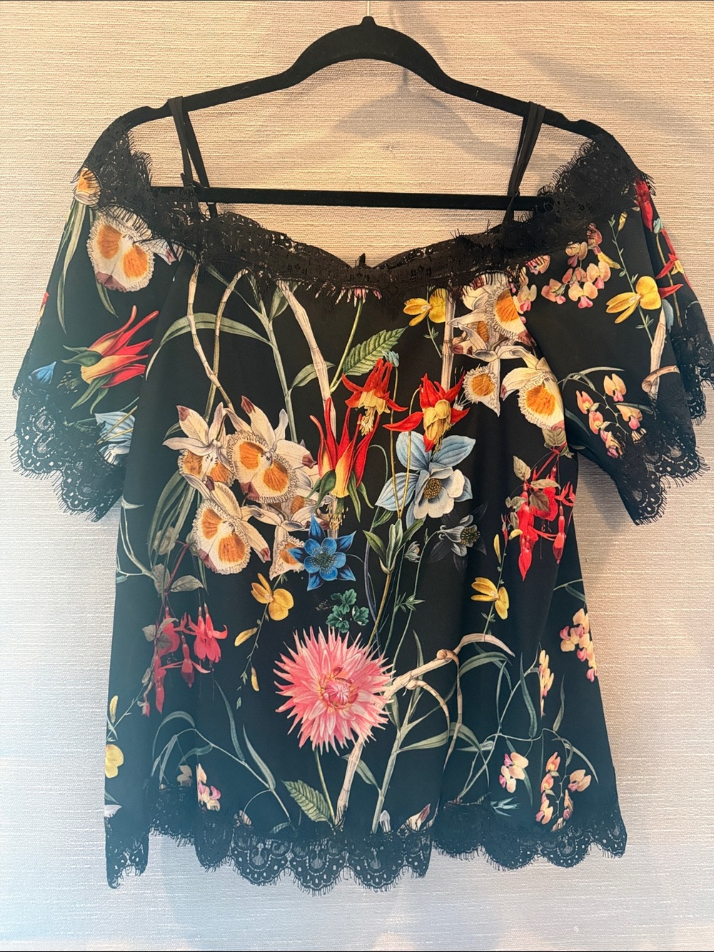 Women's Black Floral Off-Shoulder Lace Trim Blouse